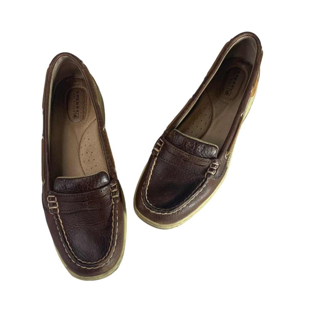 Sperry Women's Top Slider Pennyfish Slip on Brown and Tan Leather Loafers Size 8
